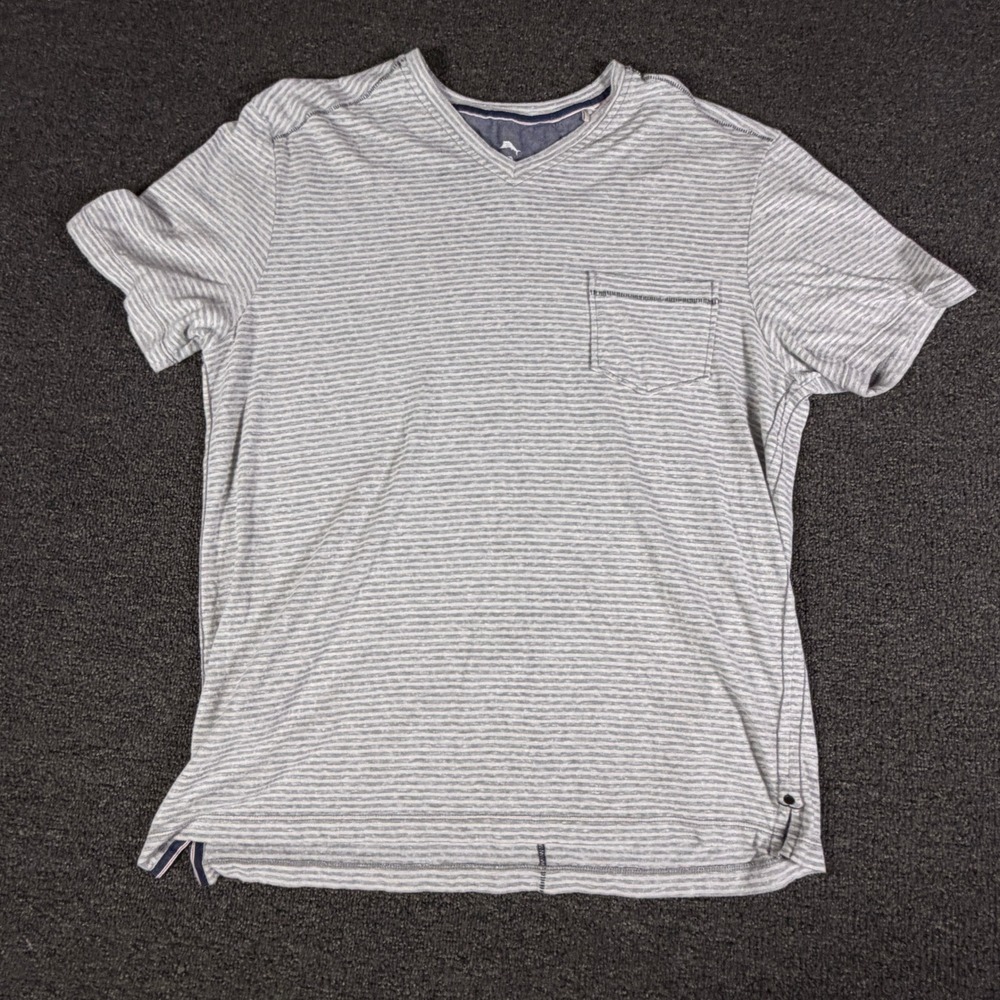 Tommy Bahama T-Shirt Mens M ST226159 Grey Striped V-Neck Pocket EUC